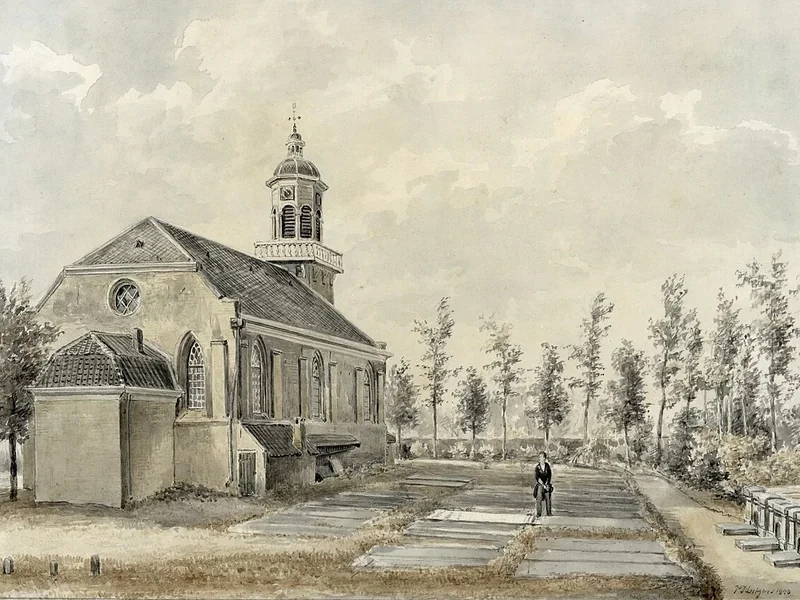 1808-Petrus Joseph Lutgers - Veduta della Chiesa riformata olandese e del cimitero di De Bilt da nord-est